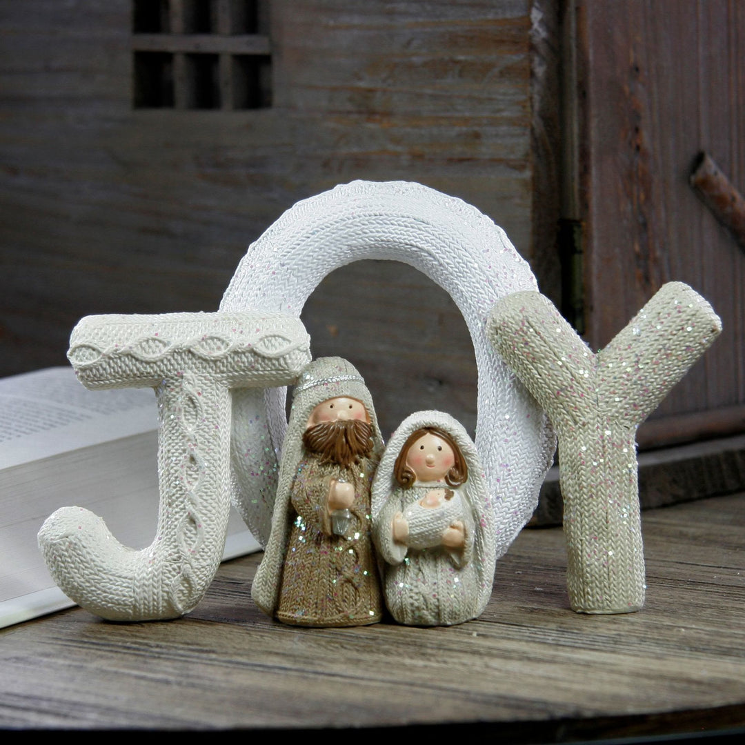 Christianartworkshop Statue décorative de Noël en résine représentant une crèche avec des lettres pailletées beiges - JOIE - image 2