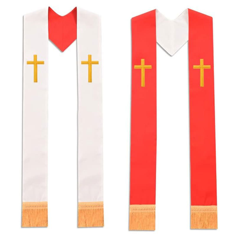 Étole liturgique multicolore à col en V pour le clergé, ornée de franges décoratives, par Christianartworkshop, pour l'église - Rouge et blanc (Croix supérieure) - Liturgie standard (270 cm au total) - image 0