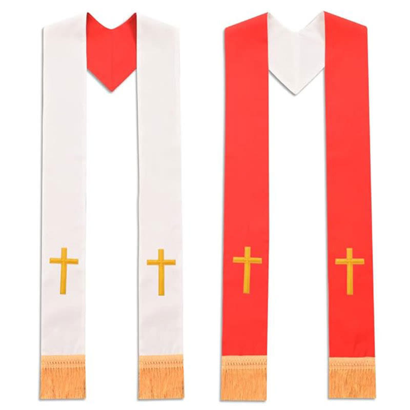 Étole liturgique multicolore à col en V pour le clergé, ornée de franges décoratives, par Christianartworkshop, pour l'église - Rouge et blanc (Croix inférieure) - Liturgie standard (270 cm au total) - image 1