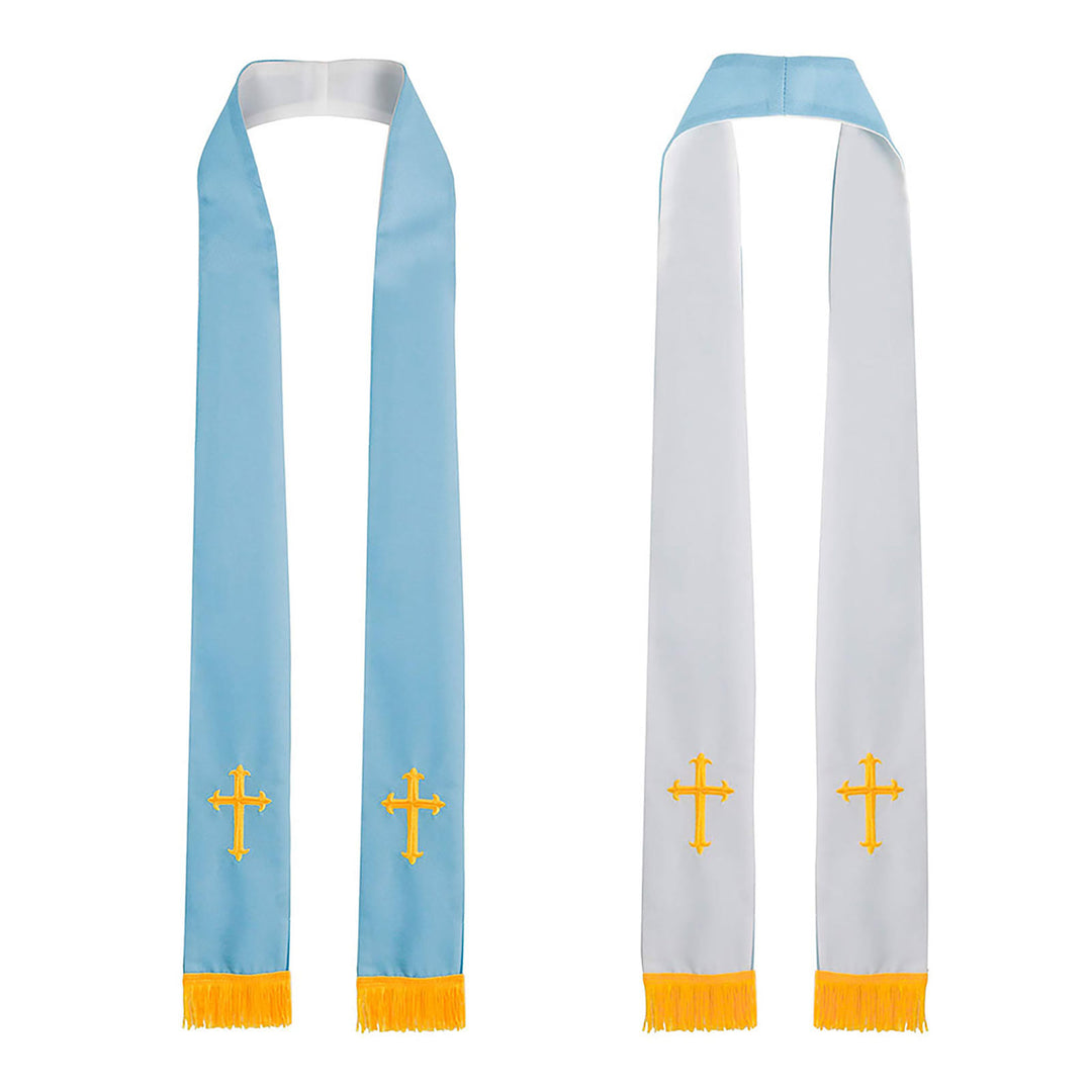 Étole liturgique réversible et polyvalente de style coloré, ornée d'un pompon doré, proposée par Christianartworkshop. - Bleu et blanc - Liturgie standard (270 cm au total) - image 0