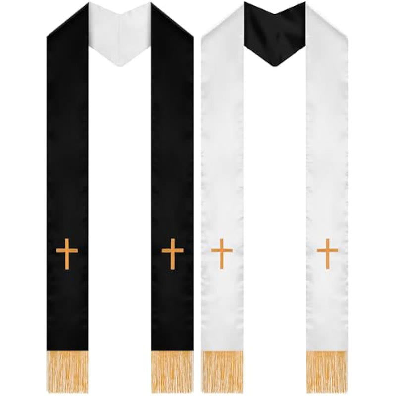 Étole de clergé traditionnelle multicolore de Christianartworkshop , col en V et col droit - Noir et blanc (réversible) - Liturgie standard (270 cm au total) - image 0