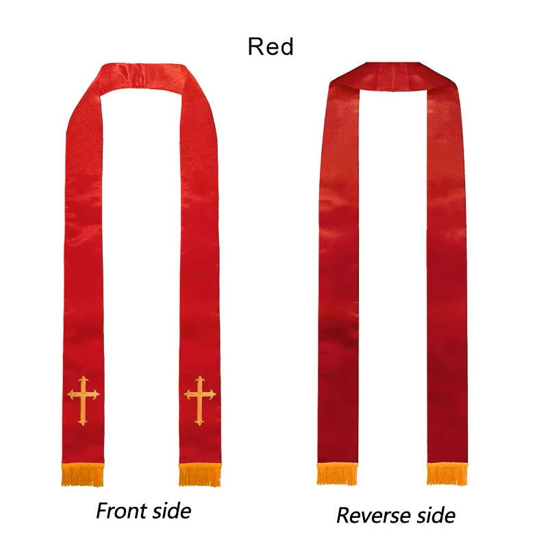 Christianartworkshop Étole de clergé multicolore à col droit avec élégante bordure à pompons - Rouge - image 0