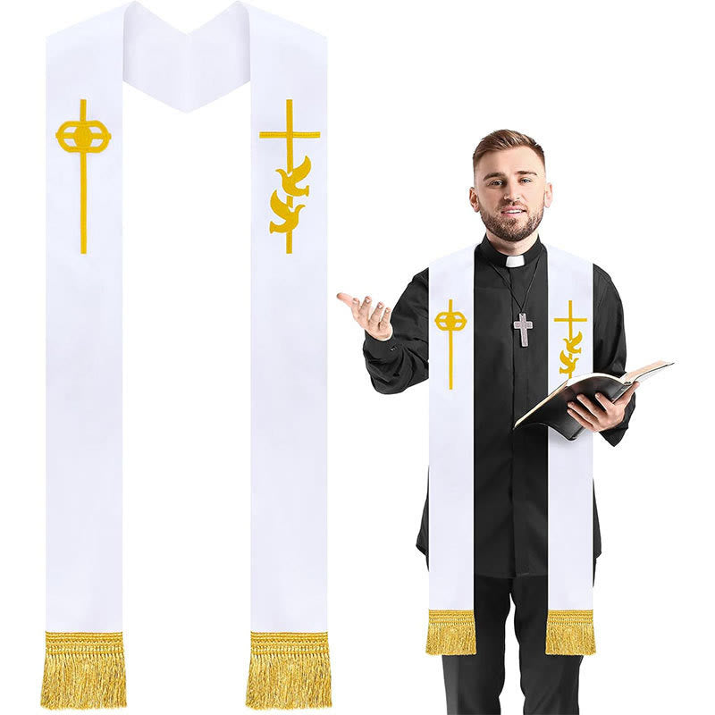 Étole liturgique blanche pure avec croix dorée et colombe du Saint-Esprit (Christianartworkshop) - Blanc - Liturgie standard (270 cm au total) - image 0