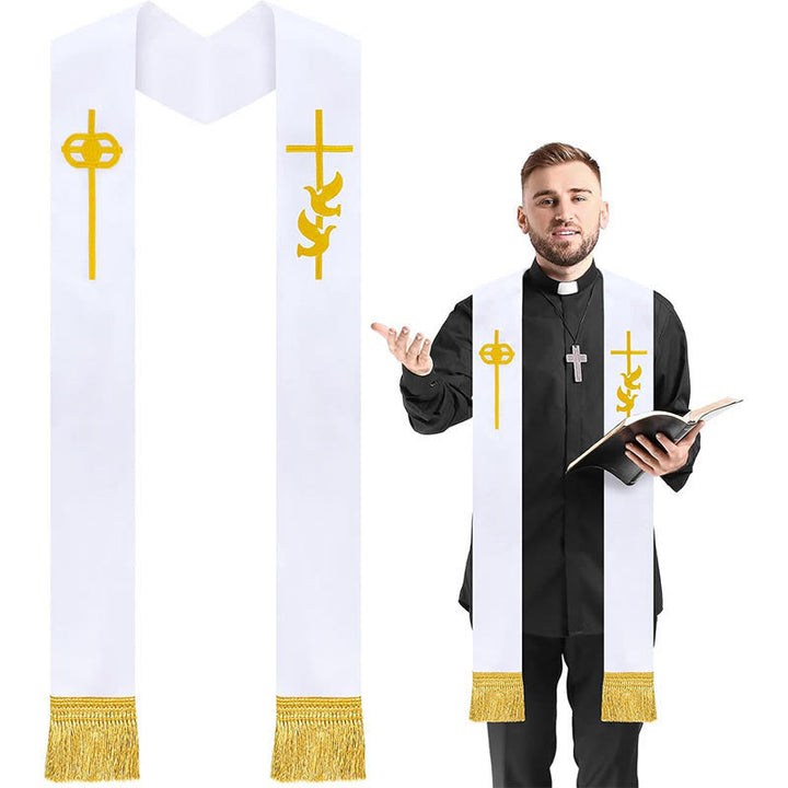 Étole liturgique blanche pure avec croix dorée et colombe du Saint-Esprit (Christianartworkshop) - Blanc - Liturgie standard (270 cm au total) - image 0