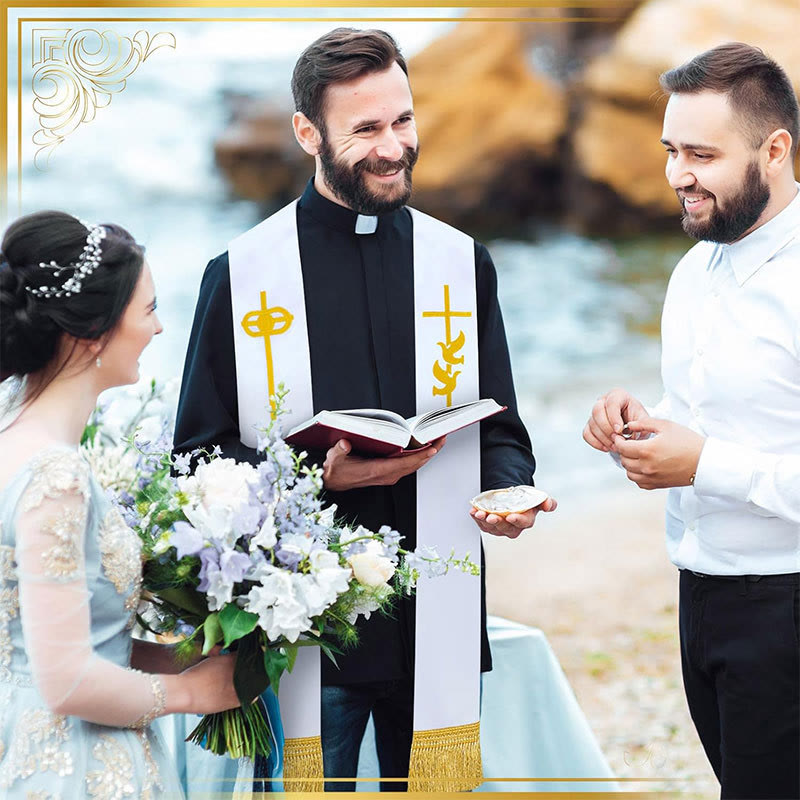 Christianartworkshop Étole liturgique d'un blanc pur, ornée d'une croix dorée et d'une colombe du Saint-Esprit. - image 1
