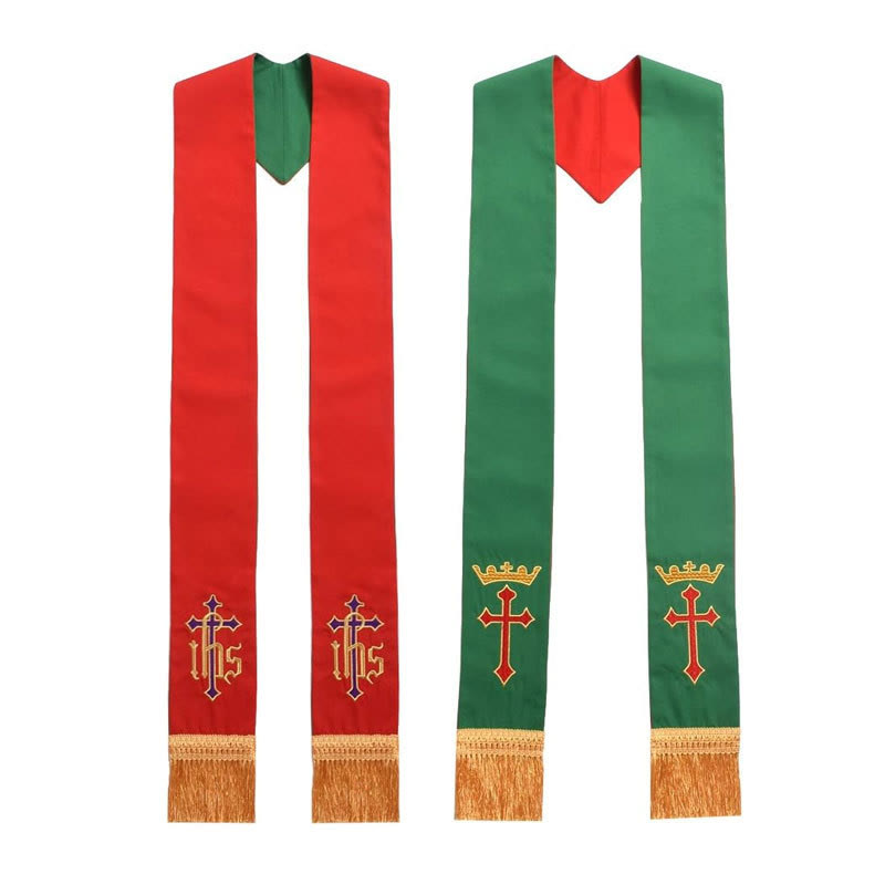 Étole de clergé réversible rouge et verte de Christianartworkshop , ornée d'une croix et du monogramme IHS - Rouge et vert - Liturgie standard (270 cm au total) - image 0