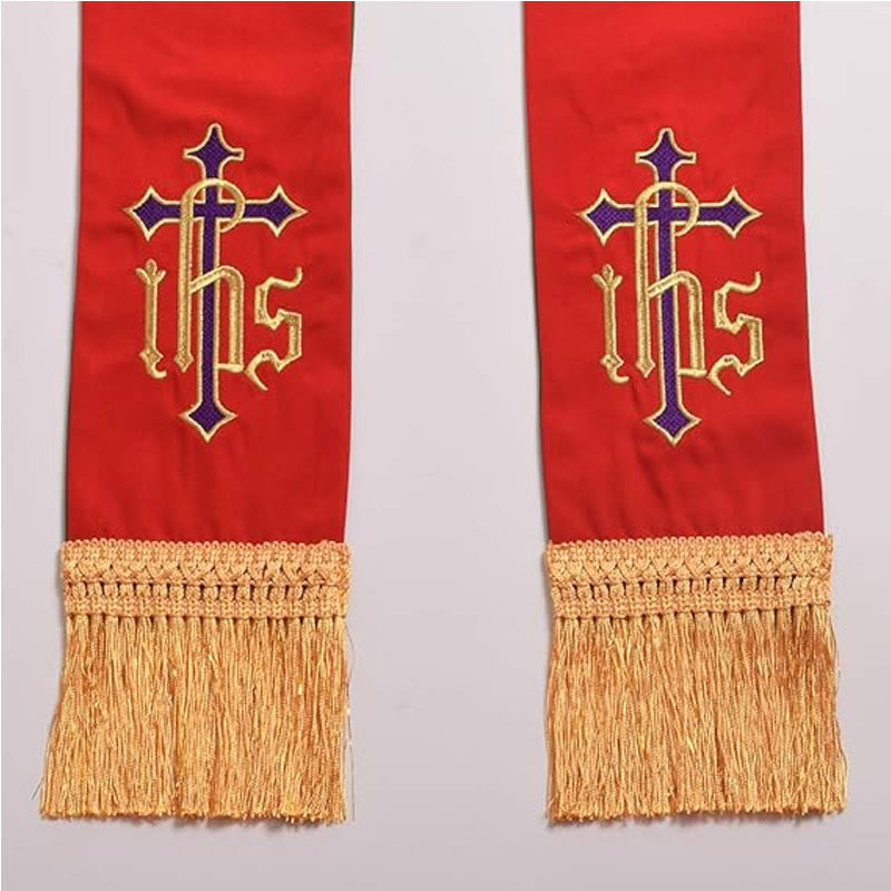 Christianartworkshop Étole de clergé réversible rouge et verte ornée d'une croix et du monogramme IHS - image 2
