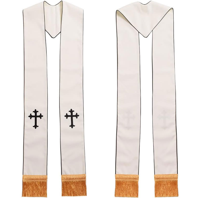 Christianartworkshop - Étole blanche de cérémonie pour le clergé, ornée de croix colorées et de franges dorées - Croix Noire - Liturgie standard (270 cm au total) - image 0