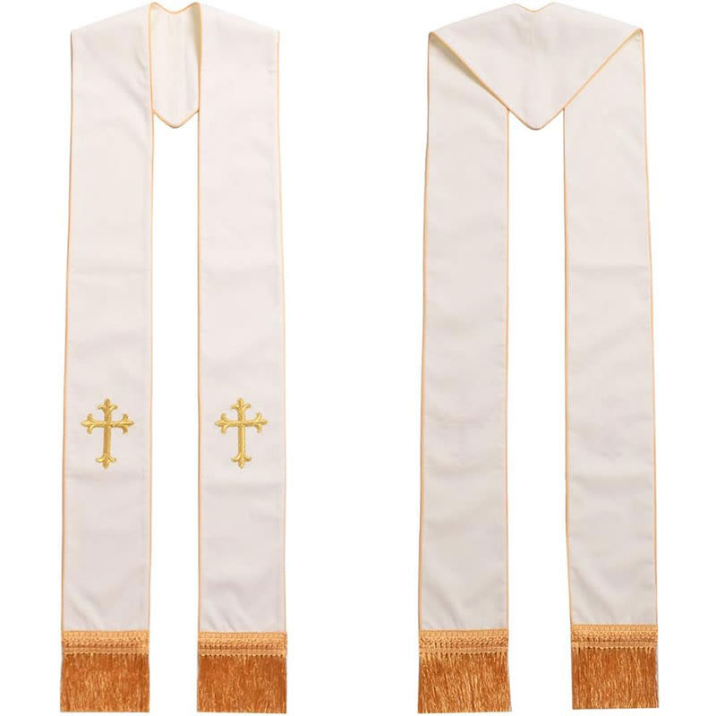 Christianartworkshop - Étole blanche de cérémonie pour le clergé, ornée de croix colorées et de franges dorées - Croix d'or - Liturgie standard (270 cm au total) - image 1