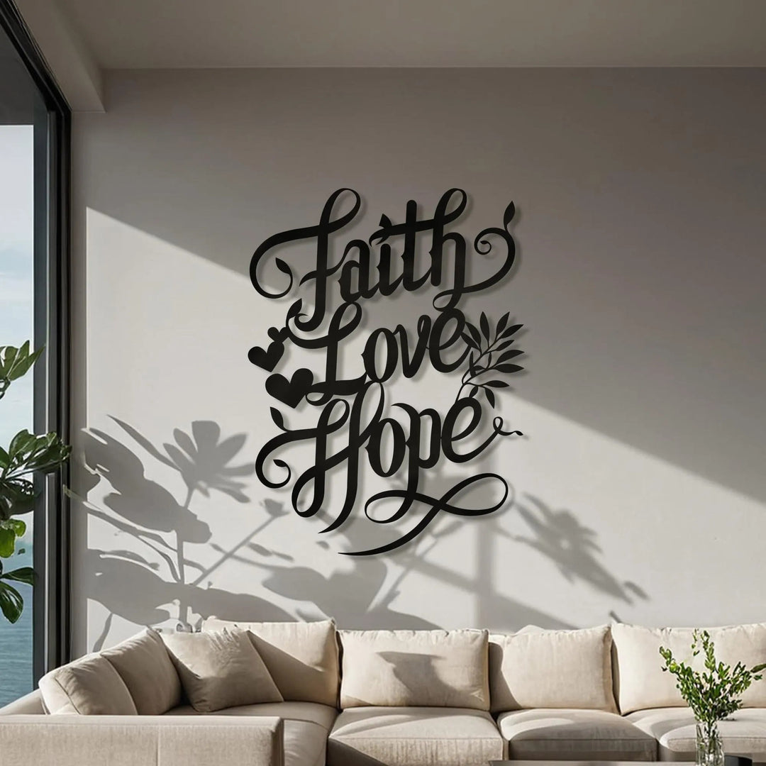 Christianartworkshop Décoration murale en métal avec inscription « Foi, Amour, Espoir », ornée de cœurs et de feuilles - image 2