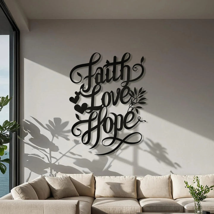 Christianartworkshop Décoration murale en métal avec inscription « Foi, Amour, Espoir », ornée de cœurs et de feuilles - image 2