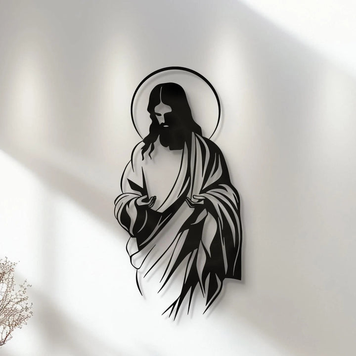 Christianartworkshop Décoration murale en métal représentant la silhouette de Jésus auréolé, idéale pour un foyer croyant. - image 1