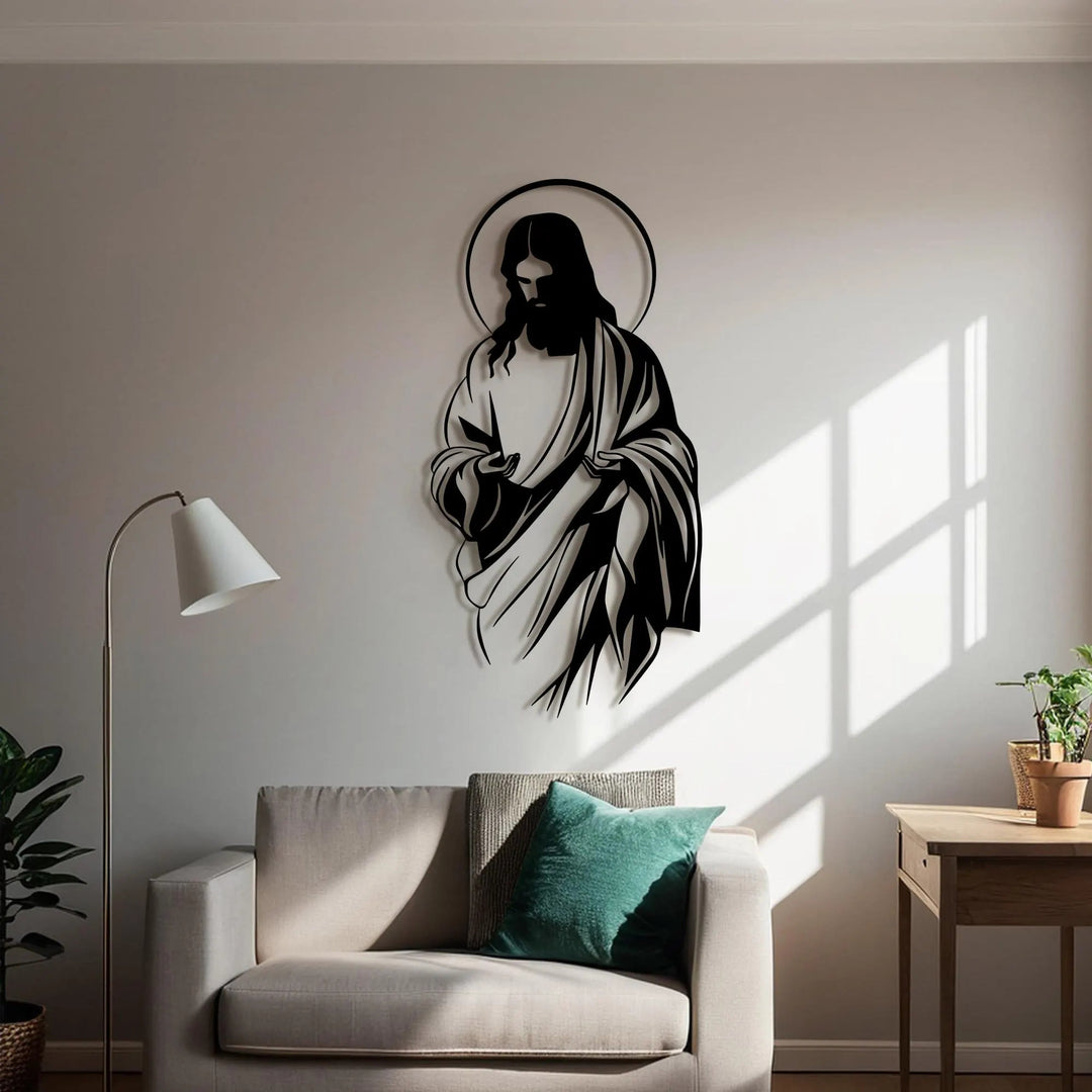 Christianartworkshop Décoration murale en métal représentant la silhouette de Jésus auréolé, idéale pour un foyer croyant. - image 2