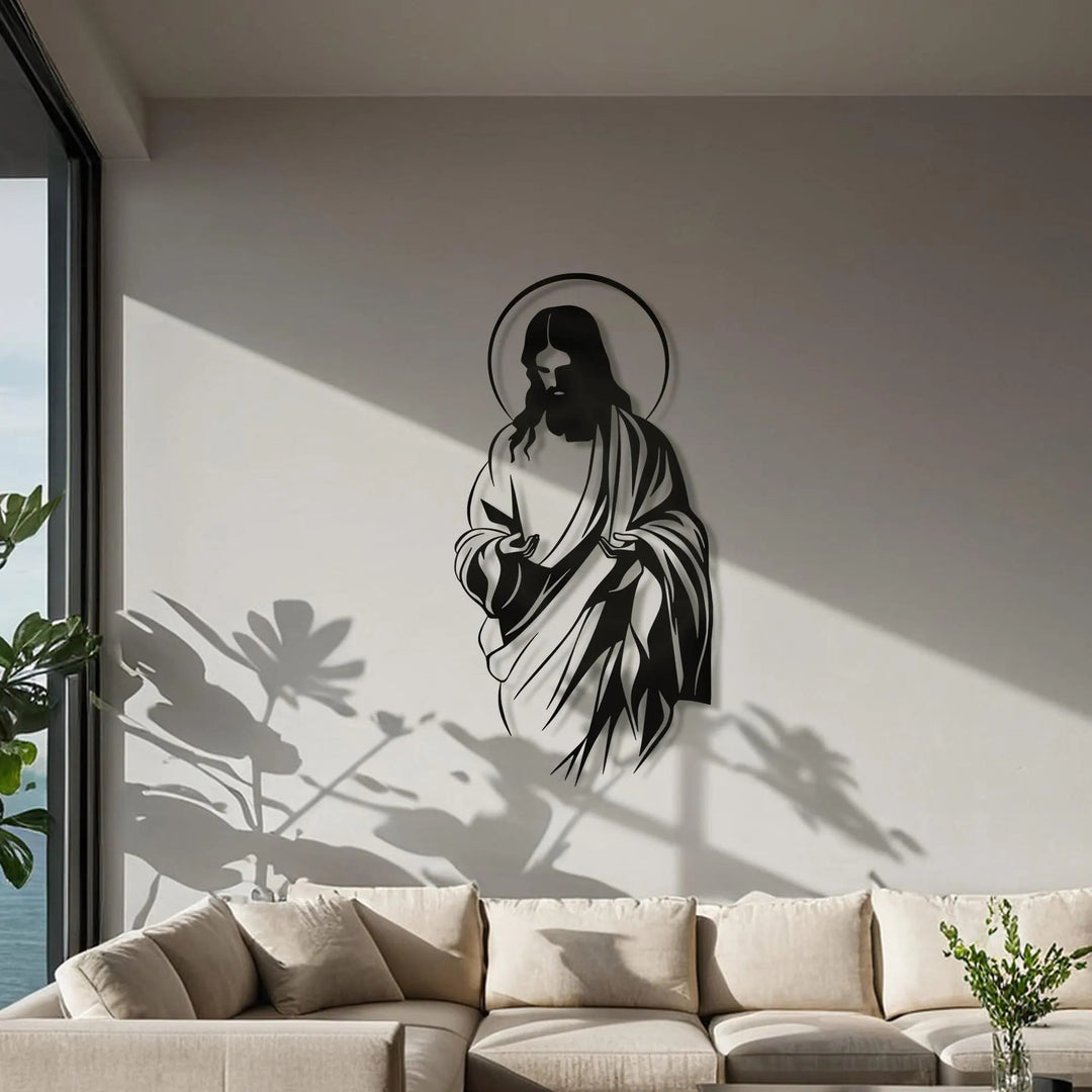 Christianartworkshop Décoration murale en métal représentant la silhouette de Jésus auréolé, idéale pour un foyer croyant. - image 3
