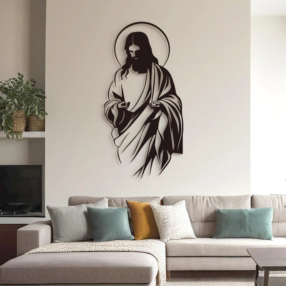Christianartworkshop Décoration murale en métal représentant la silhouette de Jésus auréolé, idéale pour un foyer croyant. - image 4