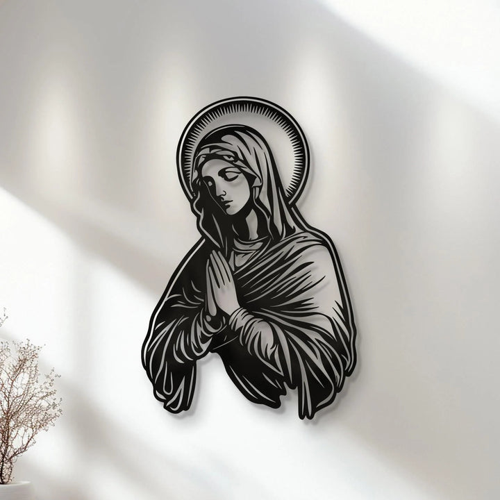 Christianartworkshop Décoration murale en métal représentant la Vierge Marie en prière, auréole, pour un lieu de culte - image 1