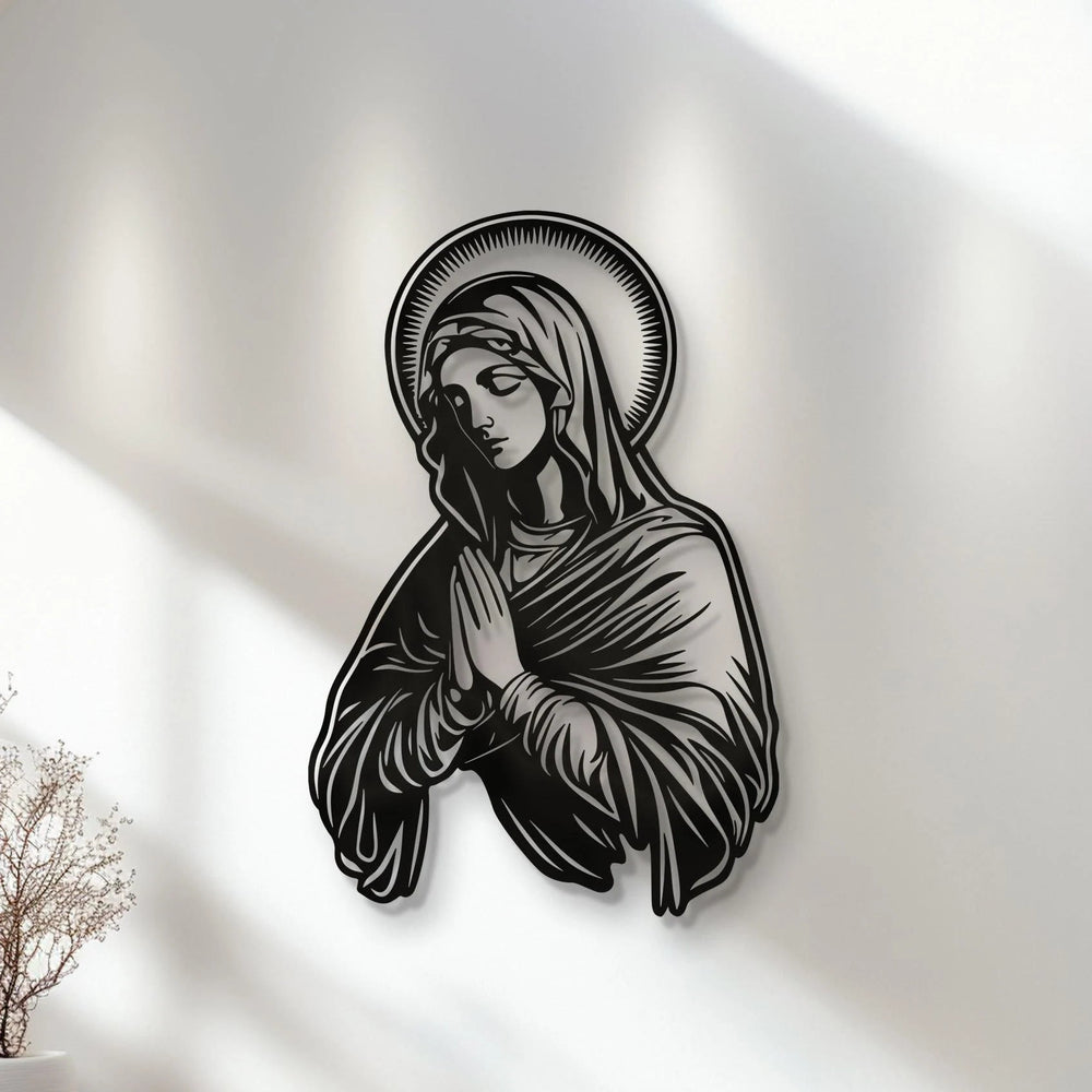Christianartworkshop Décoration murale en métal représentant la Vierge Marie en prière, auréole, pour un lieu de culte - image 1