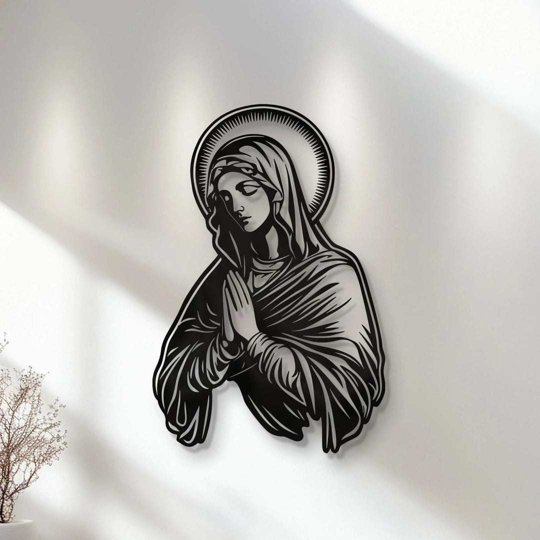 Christianartworkshop Décoration murale en métal représentant la Vierge Marie en prière, auréole, pour un lieu de culte - image 1