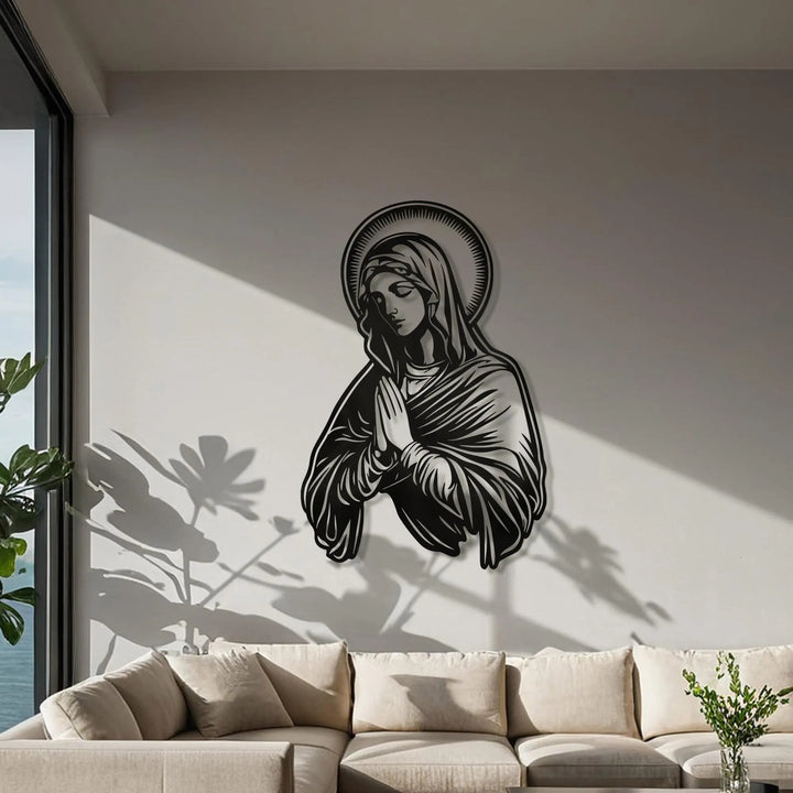 Christianartworkshop Décoration murale en métal représentant la Vierge Marie en prière, auréole, pour un lieu de culte - image 2