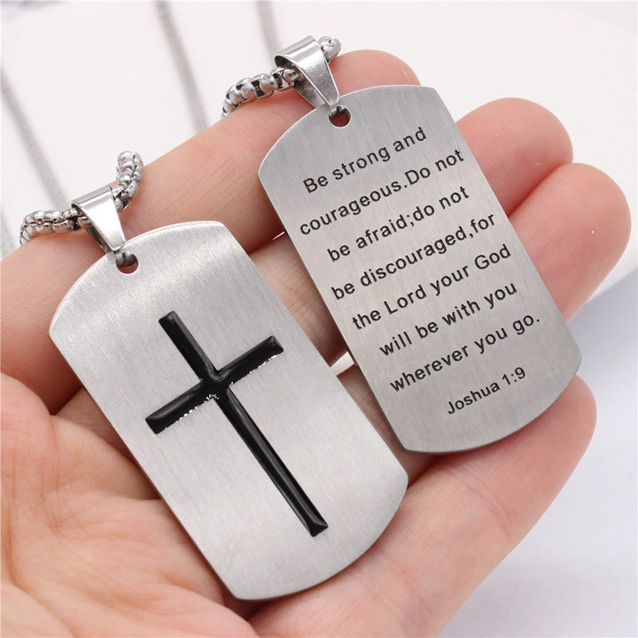 Christianartworkshop Collier double face en acier inoxydable avec croix et Josué 1:9, symbole de courage - Argent - image 0