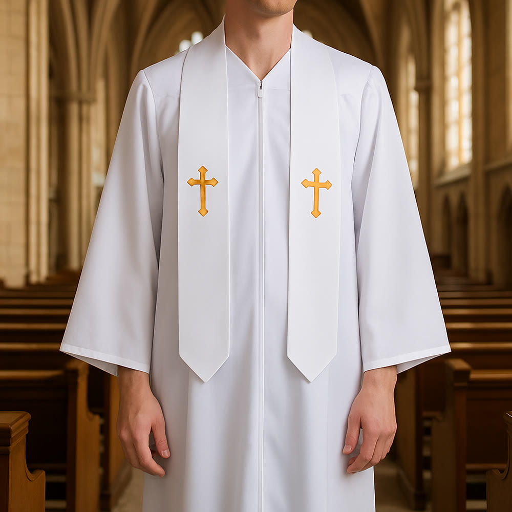 Christianartworkshop Robes de clergé élégantes noires et blanches : détail de la croix dorée - image 0