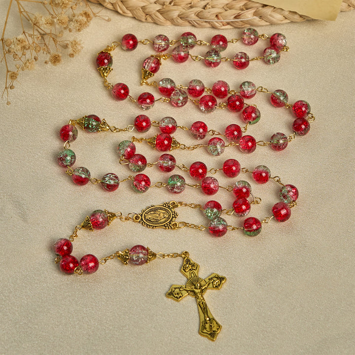 Christianartworkshop Chapelet de Noël à perles rouges avec crucifix doré et médaille de la Vierge - image 3