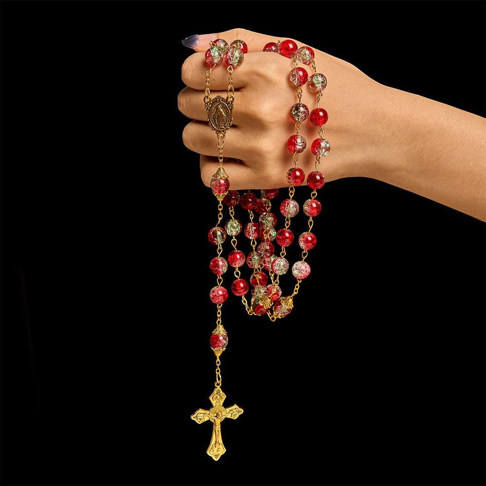 Christianartworkshop FOI PRIÉE : Chapelet de Noël à perles rouges avec crucifix doré et médaille de la Vierge - image 1
