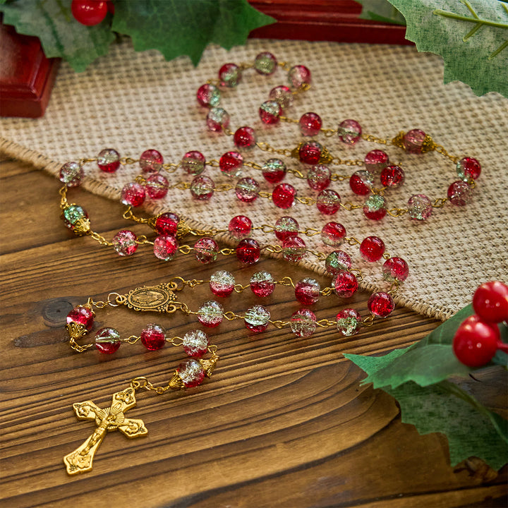 Christianartworkshop FOI PRIÉE : Chapelet de Noël à perles rouges avec crucifix doré et médaille de la Vierge - image 2