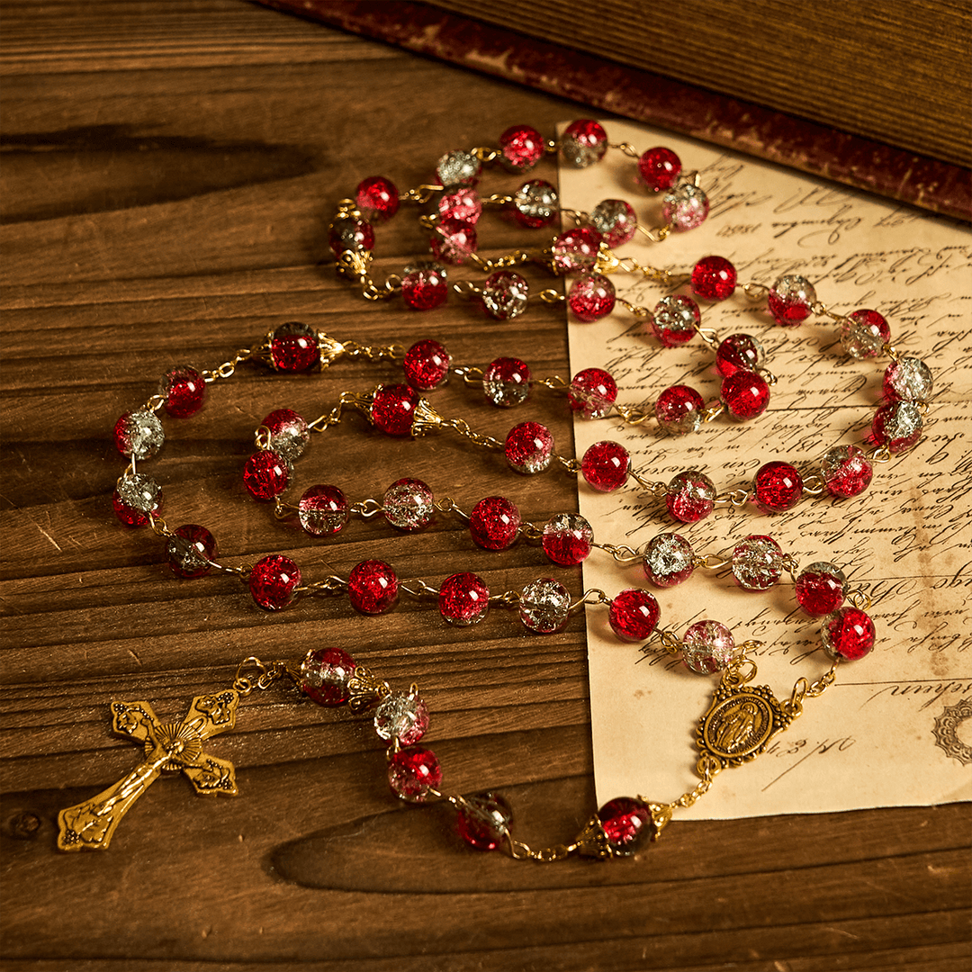 Christianartworkshop FOI PRIÉE : Chapelet de Noël à perles rouges avec crucifix doré et médaille de la Vierge - image 3