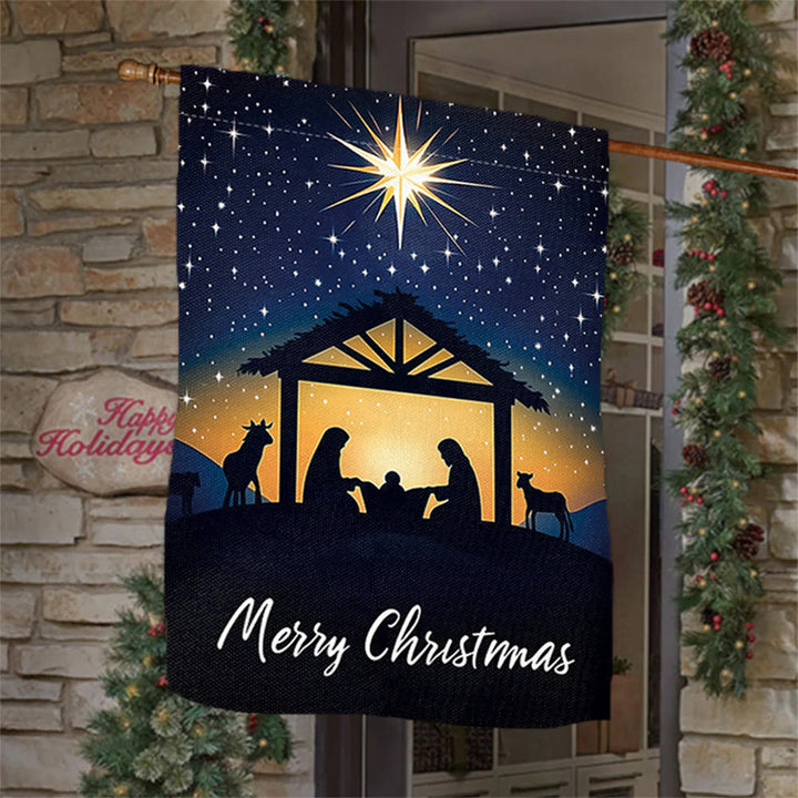 Christianartworkshop Drapeau de jardin de Noël avec l'étoile de Bethléem et la Sainte Famille : Décoration de Noël - 90×150cm (3×5 pi) - image 0