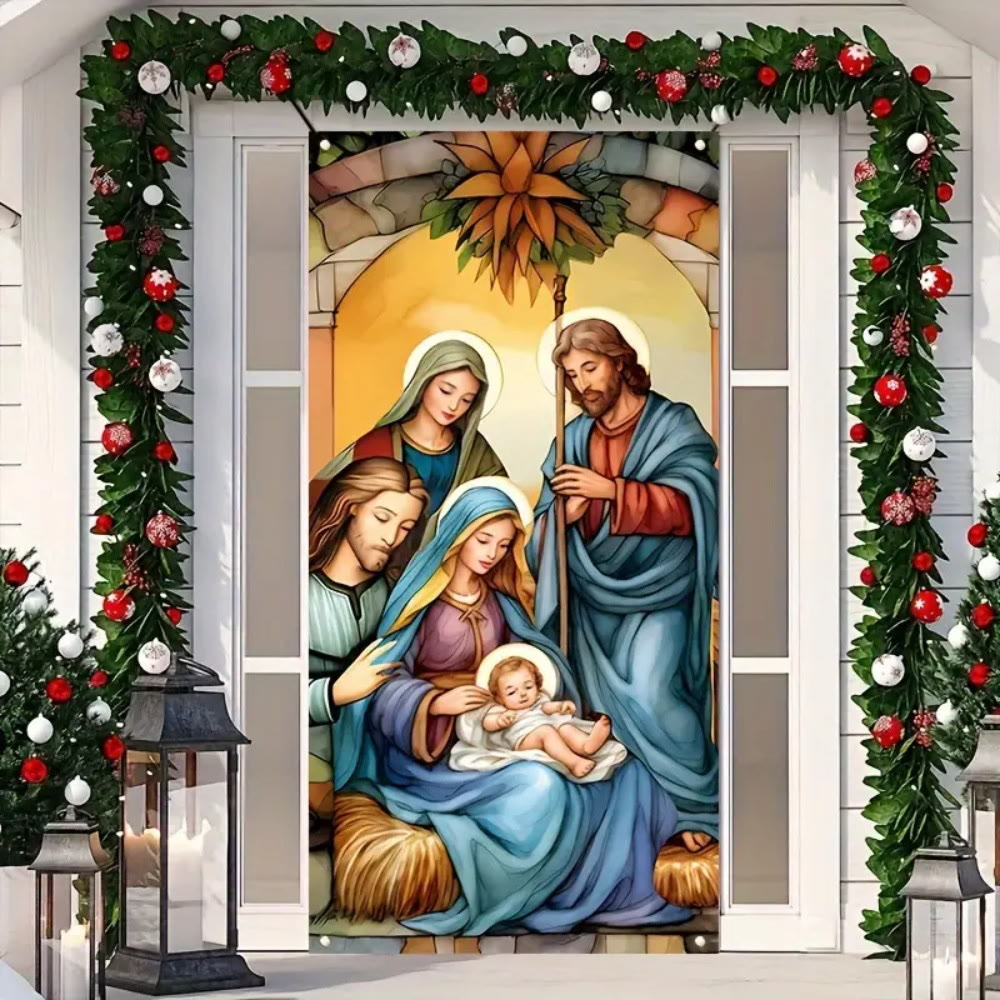 Christianartworkshop Rideau de porte vibrant représentant la Sainte Famille et la Nativité : Partagez votre foi pendant les fêtes - 90 x 180 cm - image 0
