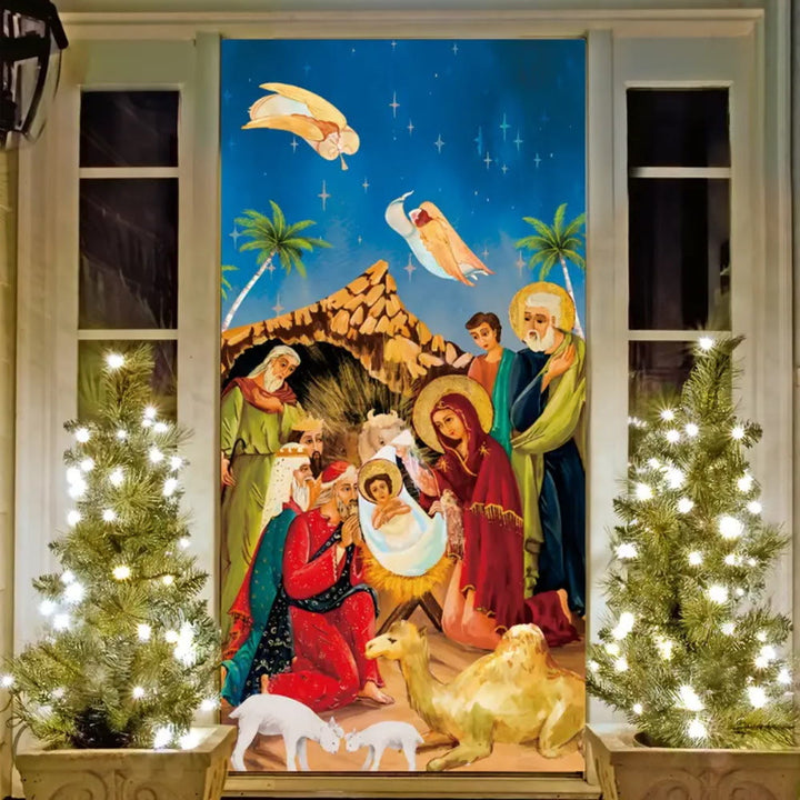Christianartworkshop Rideau de porte représentant une scène de la Nativité aux couleurs vibrantes : anges, rois mages et Sainte Famille - 90 x 180 cm - image 0