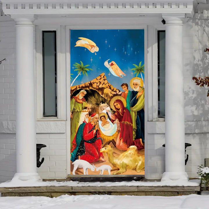 Christianartworkshop Rideau de porte représentant une scène de la Nativité aux couleurs vibrantes : anges, rois mages et Sainte Famille - image 1