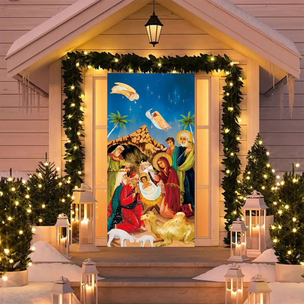 Christianartworkshop Rideau de porte représentant une scène de la Nativité aux couleurs vibrantes : anges, rois mages et Sainte Famille - image 5