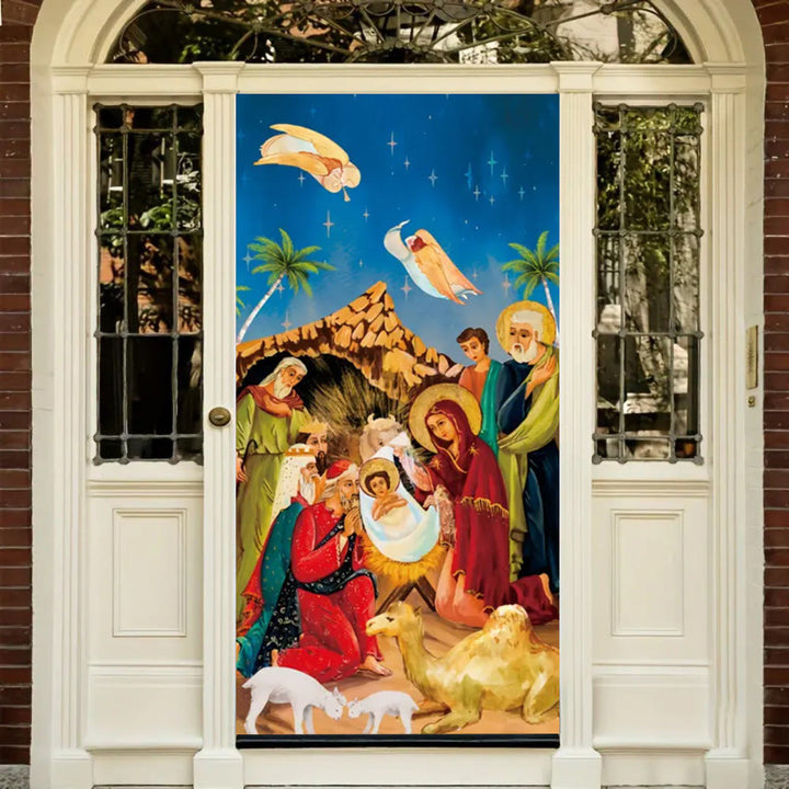 Christianartworkshop Rideau de porte représentant une scène de la Nativité aux couleurs vibrantes : anges, rois mages et Sainte Famille - image 3