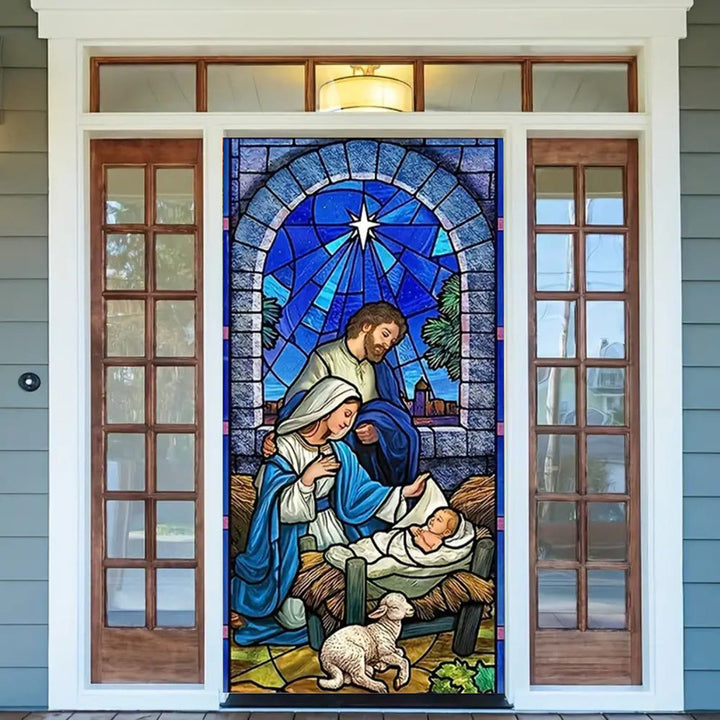 Christianartworkshop Rideau de porte en vitrail bleu représentant la Sainte Famille et l'Agneau - image 2