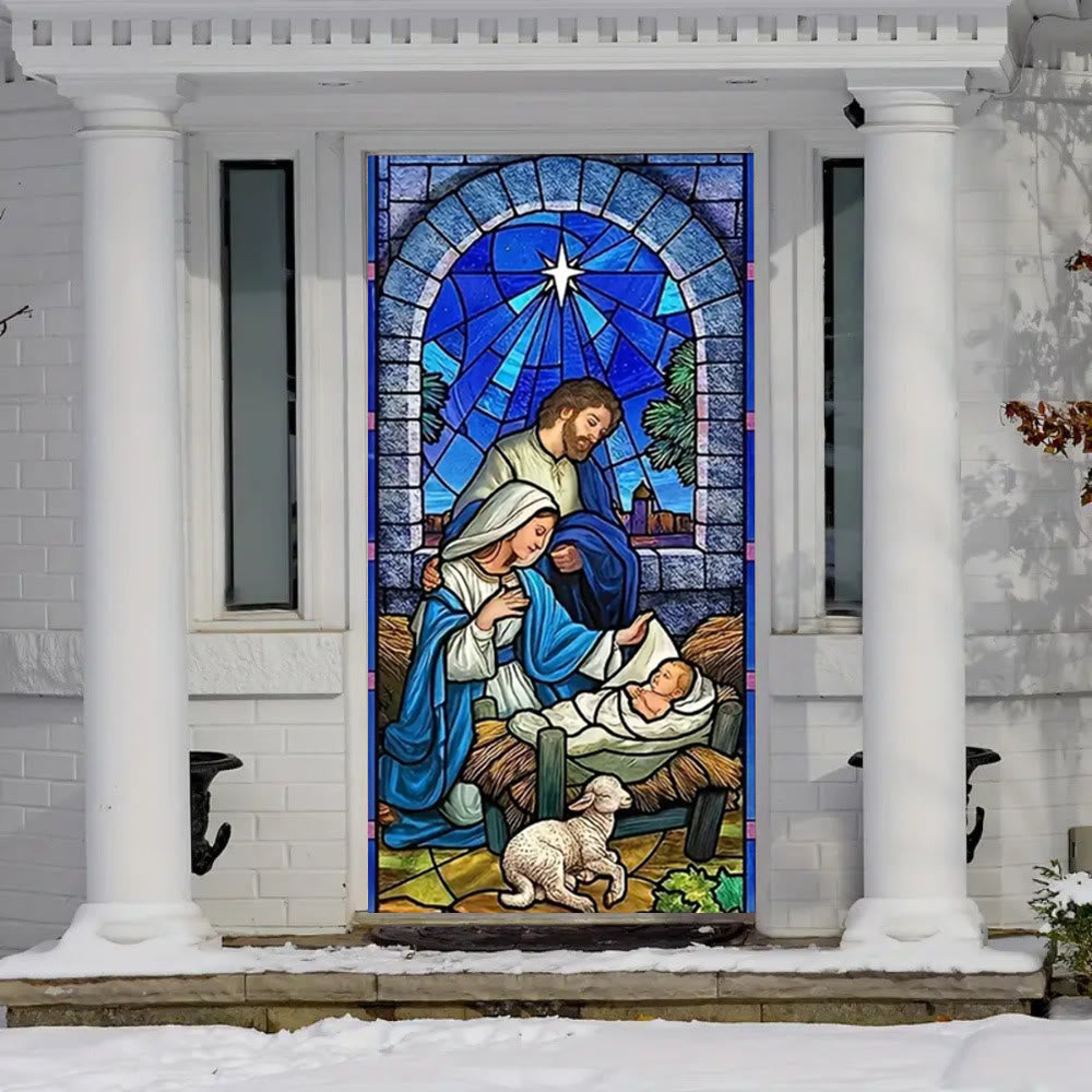 Christianartworkshop Rideau de porte en vitrail bleu représentant la Sainte Famille et l'Agneau - image 1