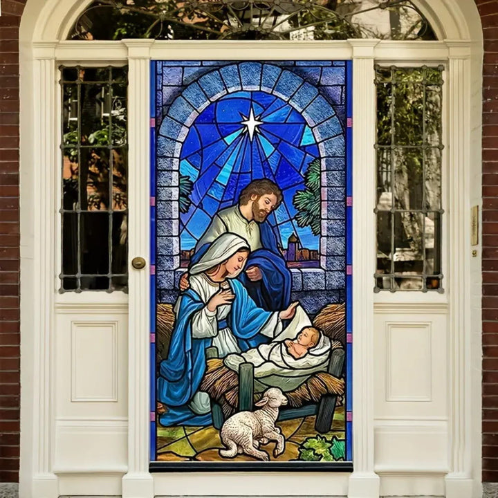 Christianartworkshop Rideau de porte en vitrail bleu représentant la Sainte Famille et l'Agneau - 90 x 180 cm - image 0