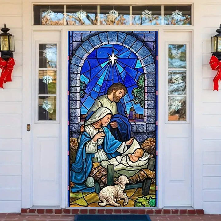Christianartworkshop Rideau de porte en vitrail bleu représentant la Sainte Famille et l'Agneau - image 3