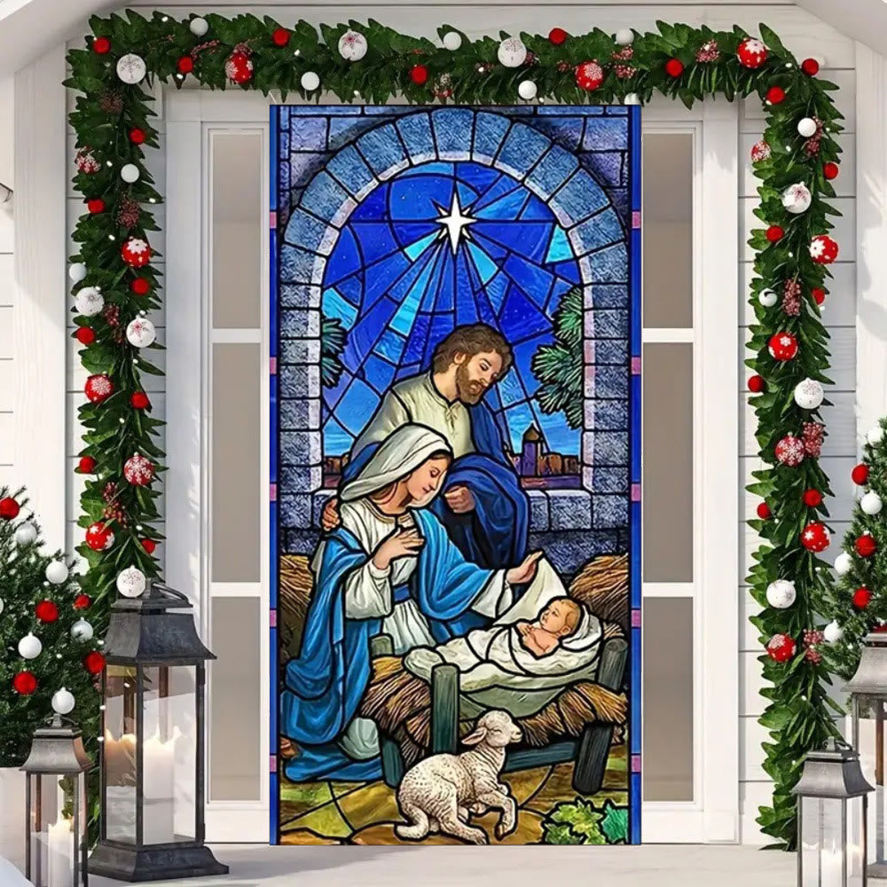 Christianartworkshop Rideau de porte en vitrail bleu représentant la Sainte Famille et l'Agneau - image 5