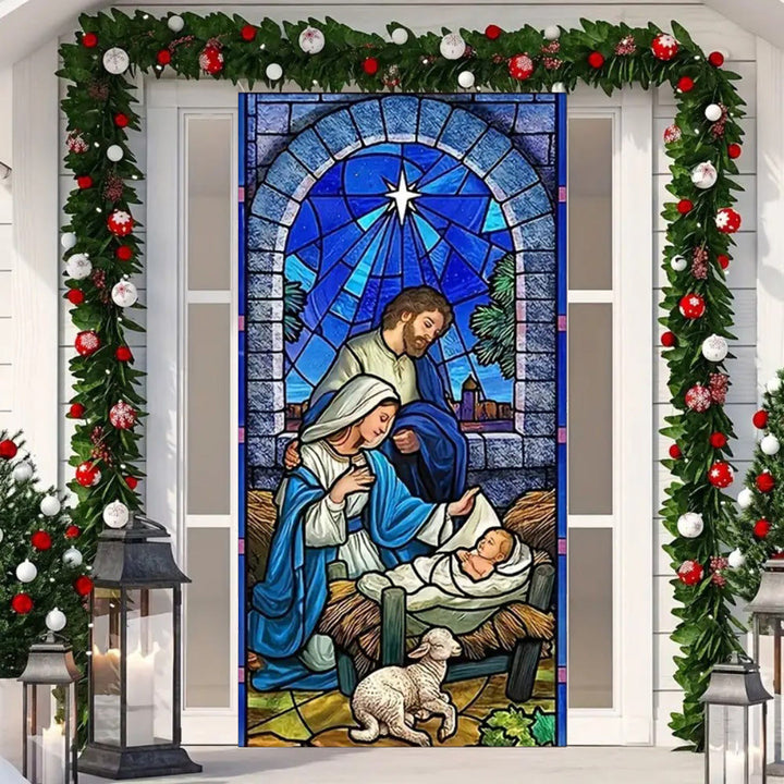 Christianartworkshop Rideau de porte en vitrail bleu représentant la Sainte Famille et l'Agneau - image 5