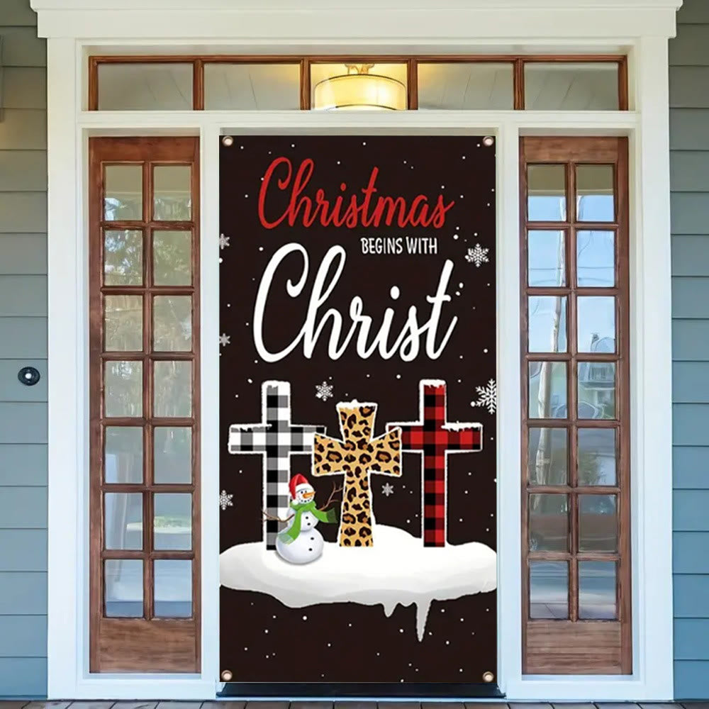 Christianartworkshop Rideau de porte « Les fêtes de Noël commencent avec le Christ » : motif à carreaux/léopard et croix - image 2