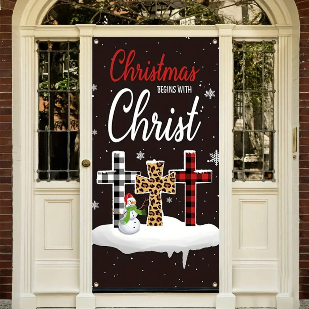 Christianartworkshop Rideau de porte « Les fêtes de Noël commencent avec le Christ » : motif à carreaux/léopard et croix - image 4