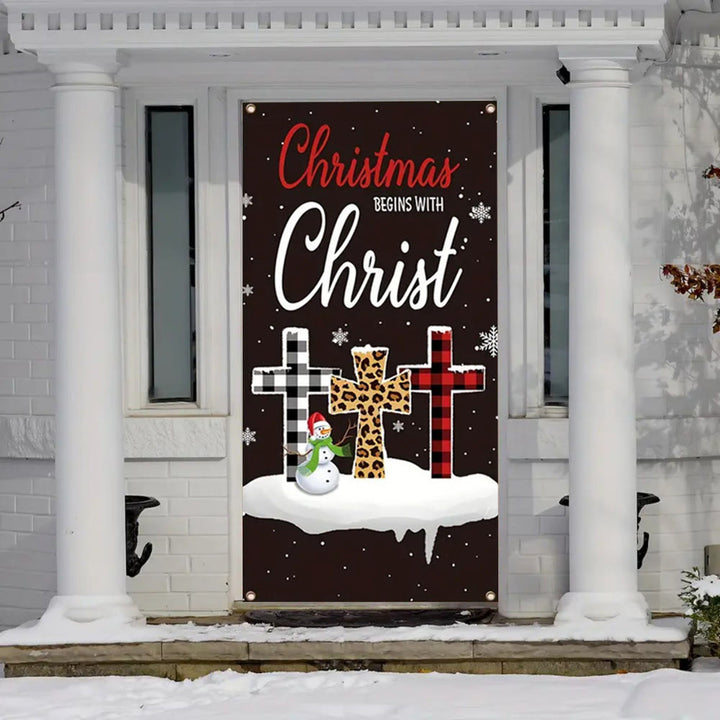 Christianartworkshop Rideau de porte « Les fêtes de Noël commencent avec le Christ » : motif à carreaux/léopard et croix - image 1