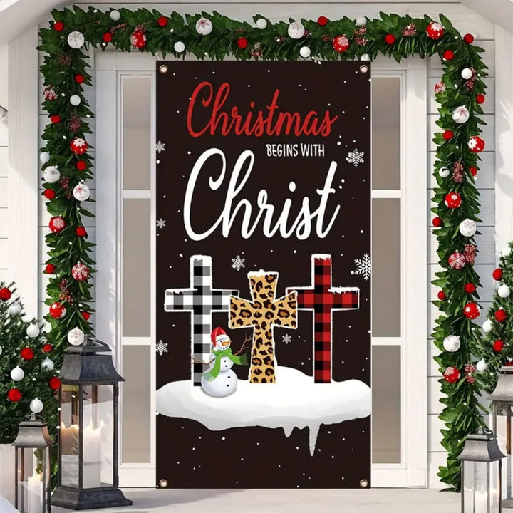 Christianartworkshop Rideau de porte « Les fêtes de Noël commencent avec le Christ » : motif à carreaux/léopard et croix - 90 x 180 cm - image 0