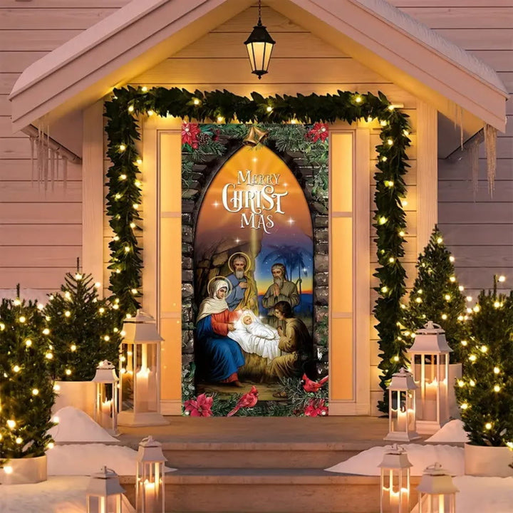 Christianartworkshop Rideau de porte illuminé style Sainte Famille : Décoration de Noël de la Nativité - 90 x 180 cm - image 0