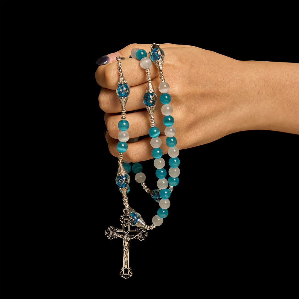 Christianartworkshop Chapelet en pierre œil-de-chat scintillante et verre étoile bleue avec Sacré-Cœur - image 1