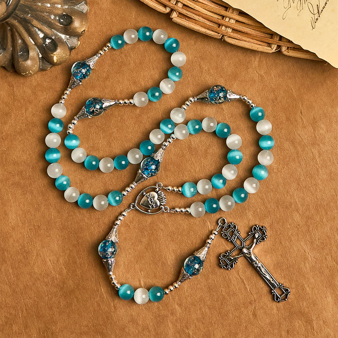 Christianartworkshop Chapelet en pierre œil-de-chat scintillante et verre étoile bleue avec Sacré-Cœur - Sacré-Cœur et crucifix - image 0