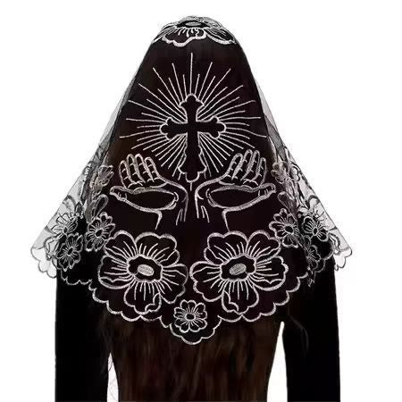 Christianartworkshop Voile de chapelle élégant en dentelle bénite avec croix et mains jointes en prière - image 4