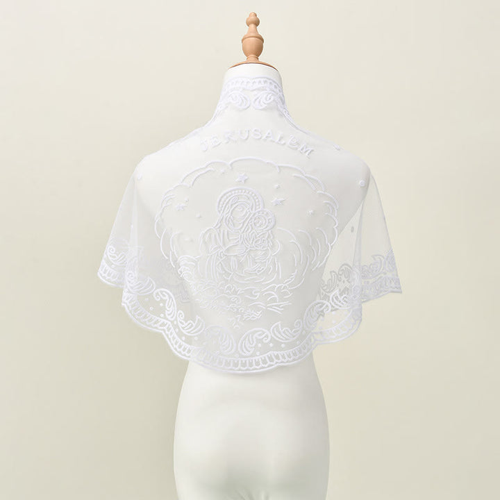 Christianartworkshop Voile de chapelle en dentelle noire et blanche orné de broderies de la Vierge Marie et de Jérusalem - image 5